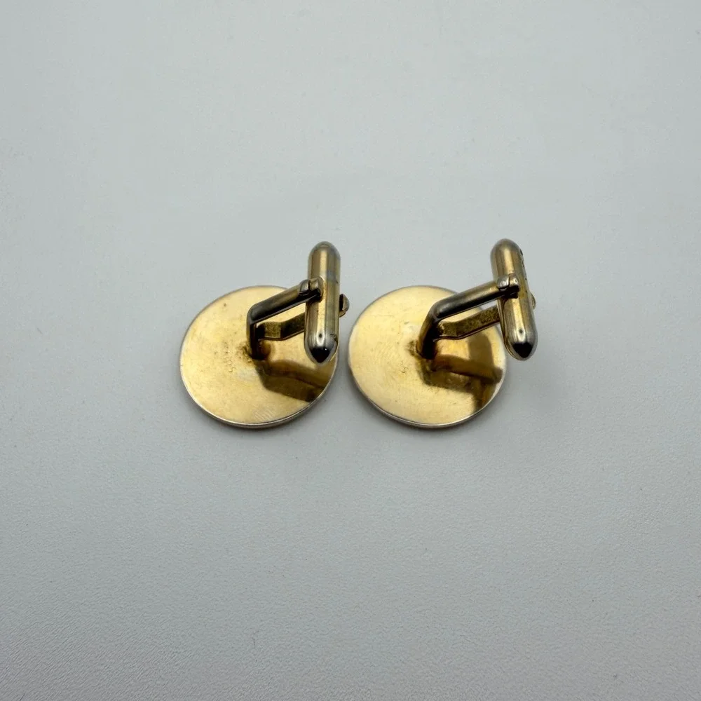 Swank Circular Cufflinks Mens Gold Tone Vintage Notched Border Mid Century